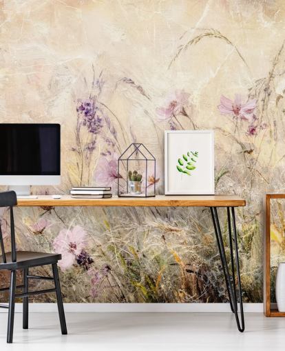 fresque murale de prairie personnalisée jaune et violette appelée Distressed Floral Meadow II par Rafal Kulik