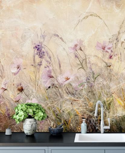 mural de parede de prado personalizado amarelo e roxo chamado Distressed Floral Meadow II de Rafal Kulik