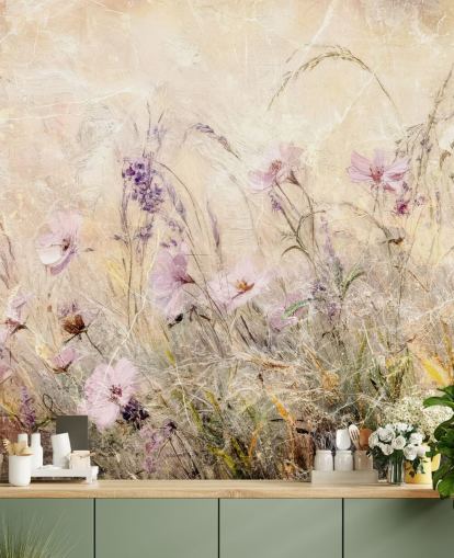 gul och lila anpassad ängväggmålning som heter Distressed Floral Meadow II av Rafal Kulik gul och lila anpassad ängväggmålning som heter Distressed Floral Meadow II av Rafal Kulik