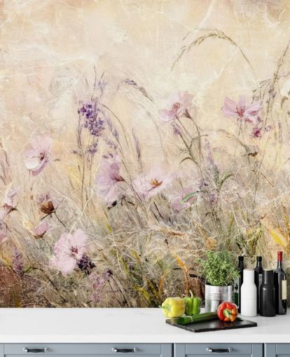 yellow and purple custom meadow wall mural called Distressed Floral Meadow II by Rafal Kulik yellow and purple custom meadow wall mural called Distressed Floral Meadow II by Rafal Kulik