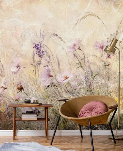 mural de parede de prado personalizado amarelo e roxo chamado Distressed Floral Meadow II de Rafal Kulik