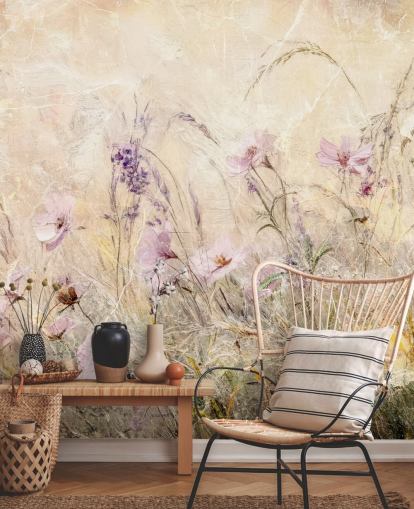 keltainen ja violetti mukautettu niittyseinämaalaus nimeltä Distressed Floral Meadow II, kirjoittanut Rafal Kulik keltainen ja violetti mukautettu niittyseinämaalaus nimeltä Distressed Floral Meadow II, kirjoittanut Rafal Kulik