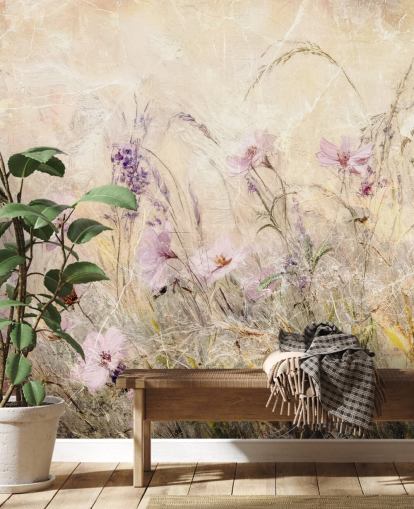 mural de pared personalizado amarillo y morado de un prado llamado Distressed Floral Meadow II de Rafal Kulik mural de pared personalizado amarillo y morado de un prado llamado Distressed Floral Meadow II de Rafal Kulik