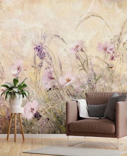 mural de parede de prado personalizado amarelo e roxo chamado Distressed Floral Meadow II de Rafal Kulik