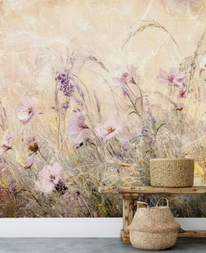 gul och lila anpassad ängväggmålning som heter Distressed Floral Meadow II av Rafal Kulik gul och lila anpassad ängväggmålning som heter Distressed Floral Meadow II av Rafal Kulik