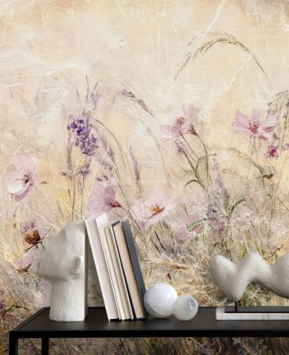 gelbes und lila individuelles Wiesenwandbild namens Distressed Floral Meadow II von Rafal Kulik