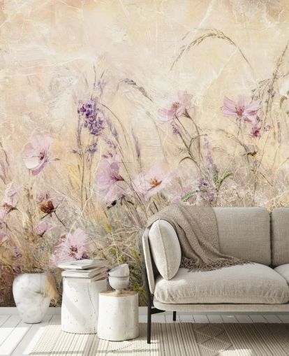 fresque murale de prairie personnalisée jaune et violette appelée Distressed Floral Meadow II par Rafal Kulik fresque murale de prairie personnalisée jaune et violette appelée Distressed Floral Meadow II par Rafal Kulik