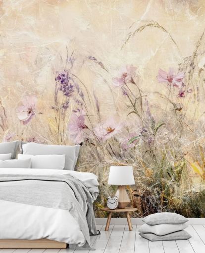 gul og lilla tilpasset engveggmaleri kalt Distressed Floral Meadow II av Rafal Kulik