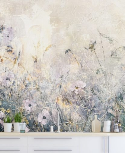 fargerikt tilpassbart vintage blomstertapet veggmaleri kalt Distressed Floral Meadow av Rafal Kulik fargerikt tilpassbart vintage blomstertapet veggmaleri kalt Distressed Floral Meadow av Rafal Kulik
