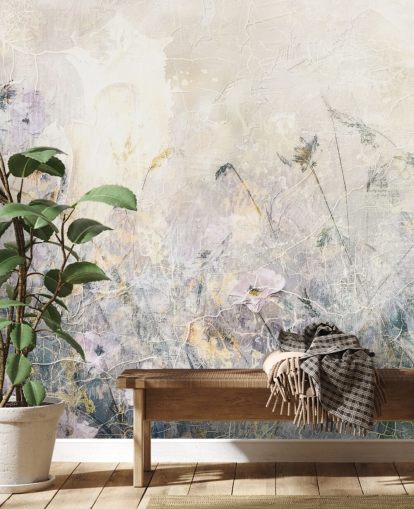 kleurrijke aanpasbare vintage bloemenbehangmuurschildering genaamd Distressed Floral Meadow van Rafal Kulik kleurrijke aanpasbare vintage bloemenbehangmuurschildering genaamd Distressed Floral Meadow van Rafal Kulik