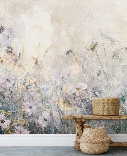 kleurrijke aanpasbare vintage bloemenbehangmuurschildering genaamd Distressed Floral Meadow van Rafal Kulik kleurrijke aanpasbare vintage bloemenbehangmuurschildering genaamd Distressed Floral Meadow van Rafal Kulik