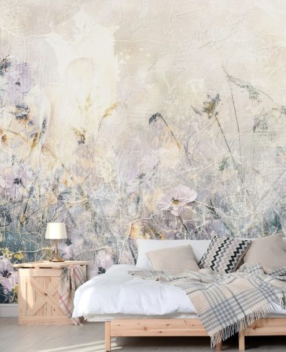 farverigt tilpassbart vintage blomstertapet vægmaleri kaldet Distressed Floral Meadow af Rafal Kulik