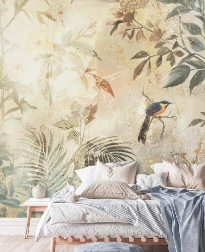 neutrale aanpasbare bosmuurschildering genaamd Distressed Forest Bird van Rafal Kulik voor slaapkamers, woonkamers en meer