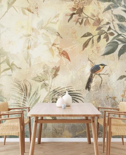 neutral customisable forest wall mural called Distressed Forest Bird by Rafal Kulik for bedrooms, living rooms and more