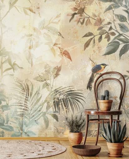 murale neutro personalizzabile con foresta chiamato Distressed Forest Bird di Rafal Kulik per camere da letto, salotti e altro