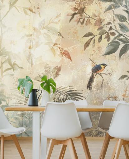 neutral customizable forest wall mural called Distressed Forest Bird by Rafal Kulik for bedrooms, living rooms and more