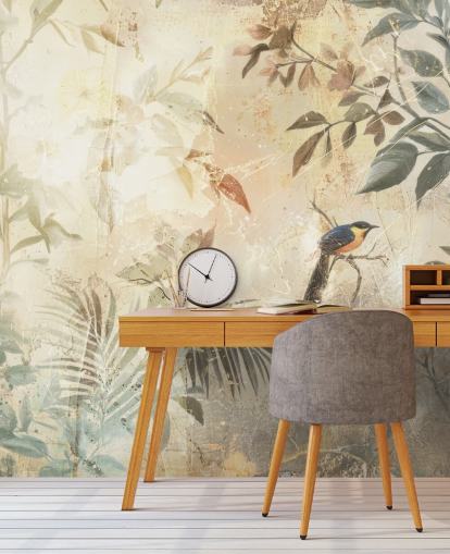 neutral customisable forest wall mural called Distressed Forest Bird by Rafal Kulik for bedrooms, living rooms and more