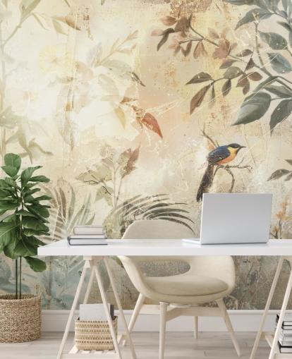 neutrale aanpasbare bosmuurschildering genaamd Distressed Forest Bird van Rafal Kulik voor slaapkamers, woonkamers en meer