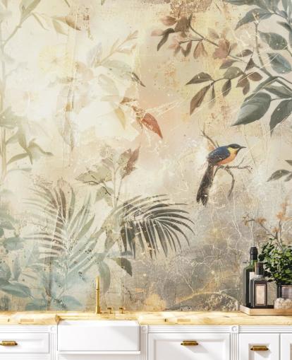 neutrale aanpasbare bosmuurschildering genaamd Distressed Forest Bird van Rafal Kulik voor slaapkamers, woonkamers en meer