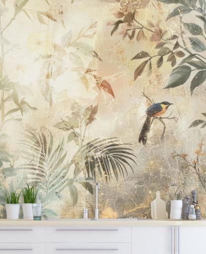 neutral customisable forest wall mural called Distressed Forest Bird by Rafal Kulik for bedrooms, living rooms and more
