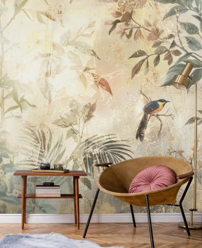 neutrale aanpasbare bosmuurschildering genaamd Distressed Forest Bird van Rafal Kulik voor slaapkamers, woonkamers en meer