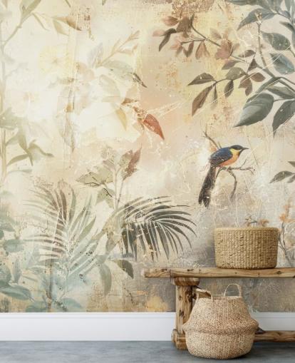 nøytral tilpassbar skogveggmaleri kalt Distressed Forest Bird av Rafal Kulik for soverom, stuer og mer