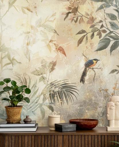mural de parede florestal neutro e personalizável chamado Distressed Forest Bird de Rafal Kulik para quartos, salas de estar e muito mais