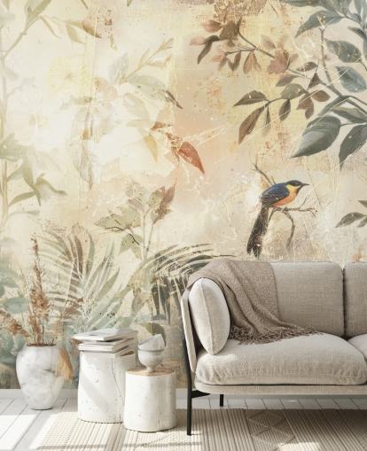 mural de parede florestal neutro e personalizável chamado Distressed Forest Bird de Rafal Kulik para quartos, salas de estar e muito mais