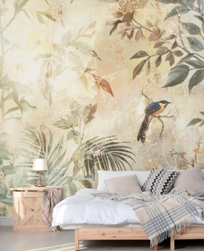 neutral customisable forest wall mural called Distressed Forest Bird by Rafal Kulik for bedrooms, living rooms and more