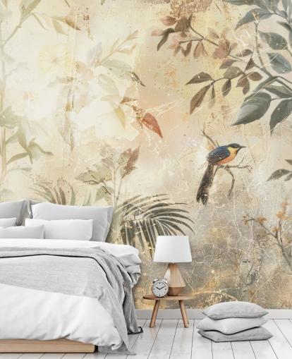 neutral customisable forest wall mural called Distressed Forest Bird by Rafal Kulik for bedrooms, living rooms and more