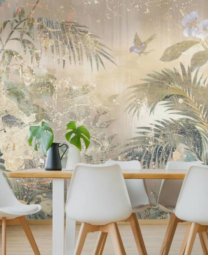 murale colorato con effetto invecchiato chiamato Distressed Forest Scene di Rafal Kulik per camere da letto e salotti