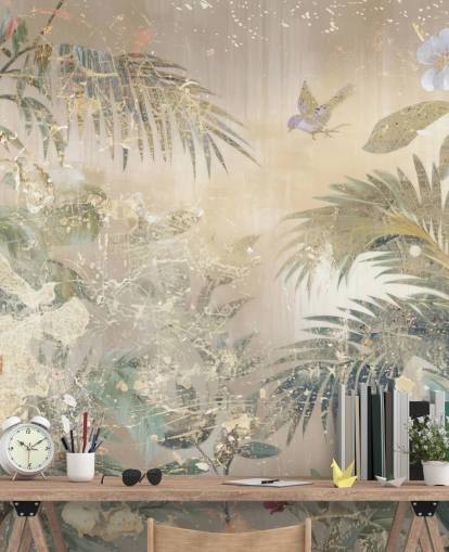 murale colorato con effetto invecchiato chiamato Distressed Forest Scene di Rafal Kulik per camere da letto e salotti