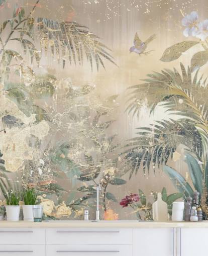 Buntes Wandbild im Used-Look mit dem Titel Distressed Forest Scene von Rafal Kulik für Schlafzimmer und Wohnzimmer