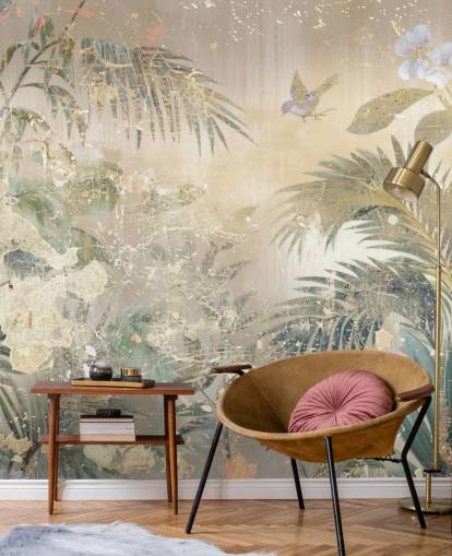 Buntes Wandbild im Used-Look mit dem Titel Distressed Forest Scene von Rafal Kulik für Schlafzimmer und Wohnzimmer