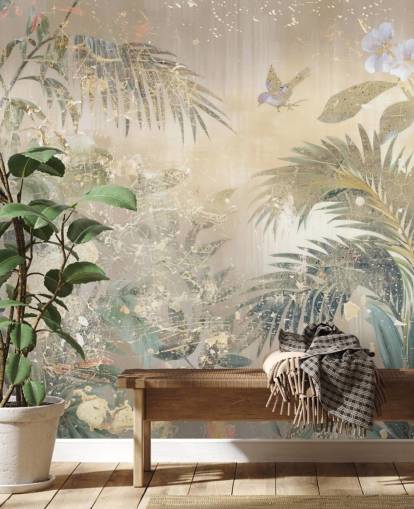 kleurrijke muurschildering genaamd Distressed Forest Scene van Rafal Kulik voor slaapkamers en woonkamers