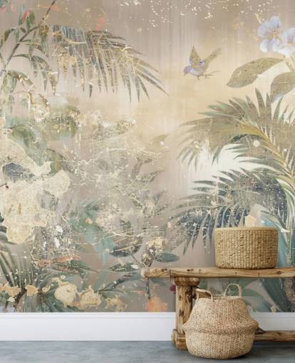 Buntes Wandbild im Used-Look mit dem Titel Distressed Forest Scene von Rafal Kulik für Schlafzimmer und Wohnzimmer