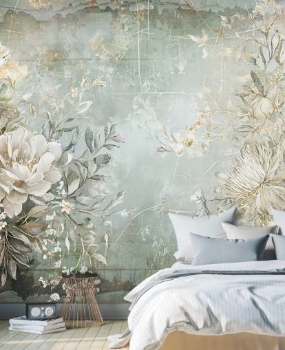 tilpasset blomsterveggmaleri i vintage stil kalt Distressed Garden Flowers av Rafal Kulik for soverom og stuer