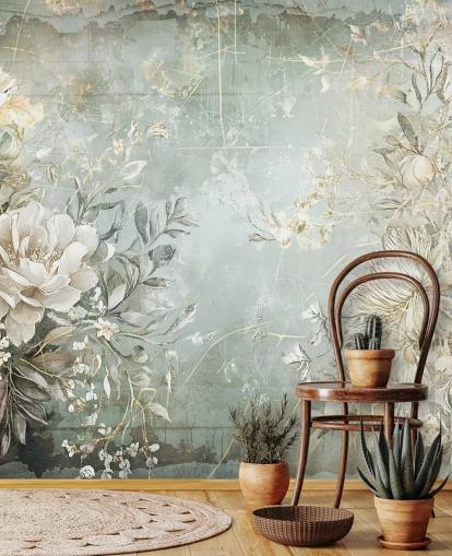 vintage stil brugerdefineret blomstervægmaleri kaldet Distressed Garden Flowers af Rafal Kulik til soveværelser og stuer