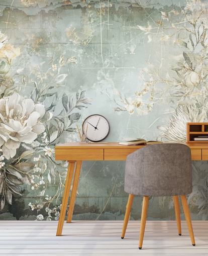 murale floreale personalizzato in stile vintage chiamato Distressed Garden Flowers di Rafal Kulik per camere da letto e salotti