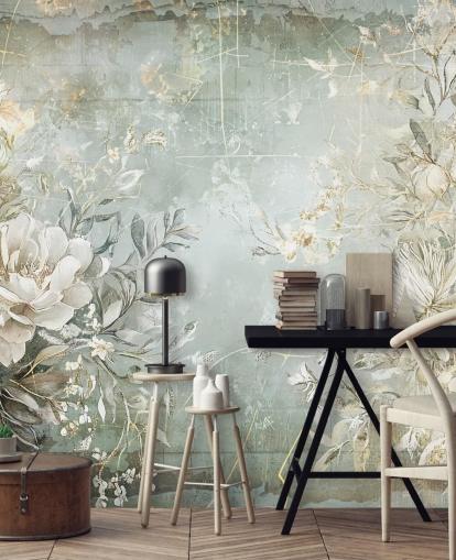 mural de parede floral personalizado de estilo vintage chamado Distressed Garden Flowers de Rafal Kulik para quartos e salas de estar