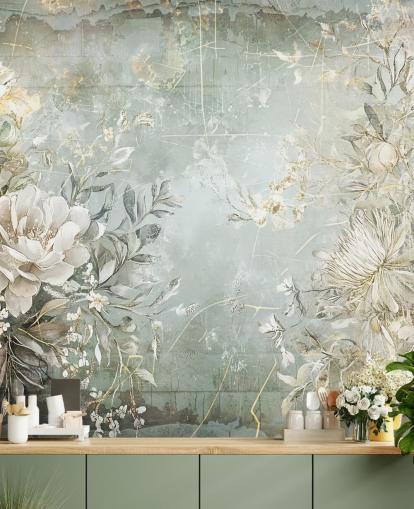 mural de pared floral personalizado de estilo vintage llamado Distressed Garden Flowers de Rafal Kulik para dormitorios y salas de estar