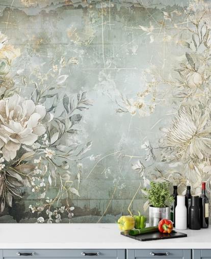 vintage style custom floral wall mural called Distressed Garden Flowers by Rafal Kulik for bedrooms and living rooms