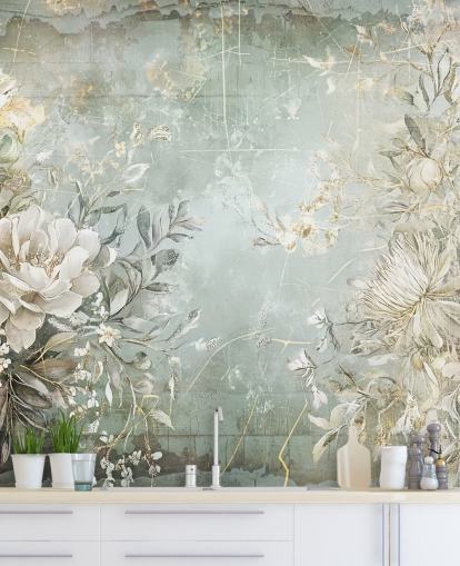 mural de parede floral personalizado de estilo vintage chamado Distressed Garden Flowers de Rafal Kulik para quartos e salas de estar