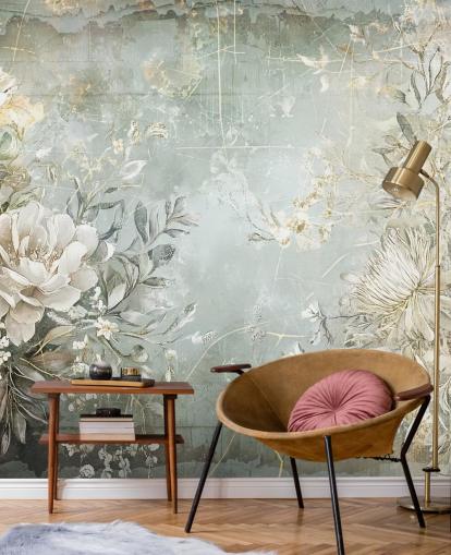 vintage stil anpassad blommig väggmålning som heter Distressed Garden Flowers av Rafal Kulik för sovrum och vardagsrum