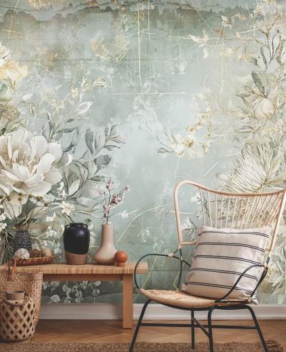 mural de pared floral personalizado de estilo vintage llamado Distressed Garden Flowers de Rafal Kulik para dormitorios y salas de estar