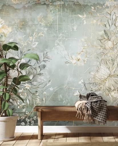 fresque murale florale personnalisée de style vintage appelée Distressed Garden Flowers par Rafal Kulik pour les chambres et les salons