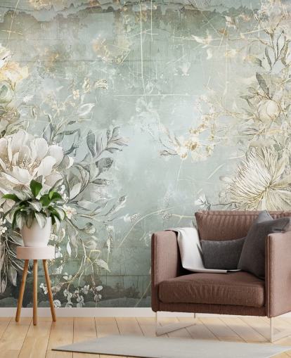 fresque murale florale personnalisée de style vintage appelée Distressed Garden Flowers par Rafal Kulik pour les chambres et les salons
