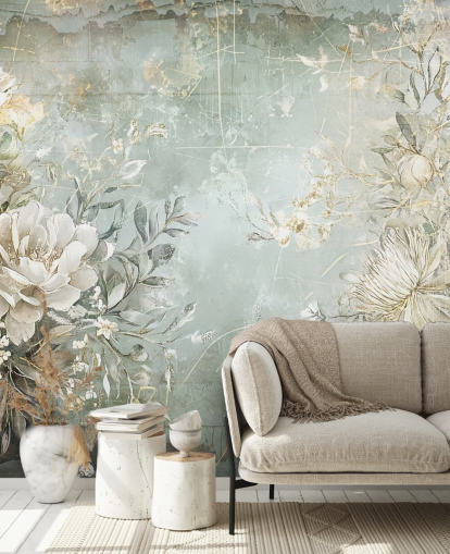 tilpasset blomsterveggmaleri i vintage stil kalt Distressed Garden Flowers av Rafal Kulik for soverom og stuer