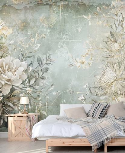 murale floreale personalizzato in stile vintage chiamato Distressed Garden Flowers di Rafal Kulik per camere da letto e salotti