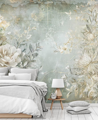 mural de pared floral personalizado de estilo vintage llamado Distressed Garden Flowers de Rafal Kulik para dormitorios y salas de estar